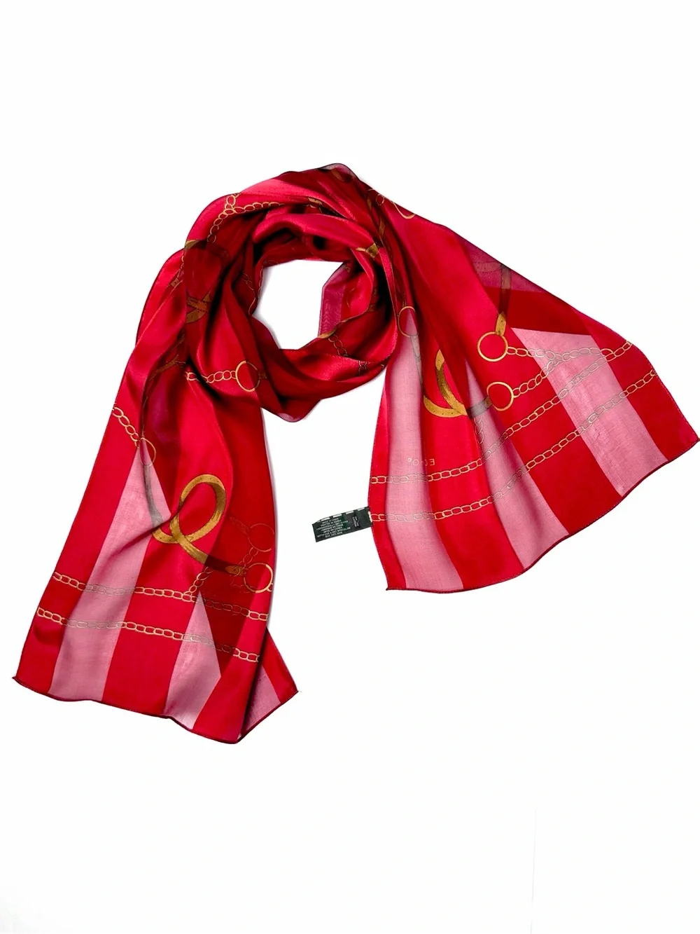 ECHO Silk Scarf Red Burgundy Equestrian Belt Chain Print Chiffon Satin